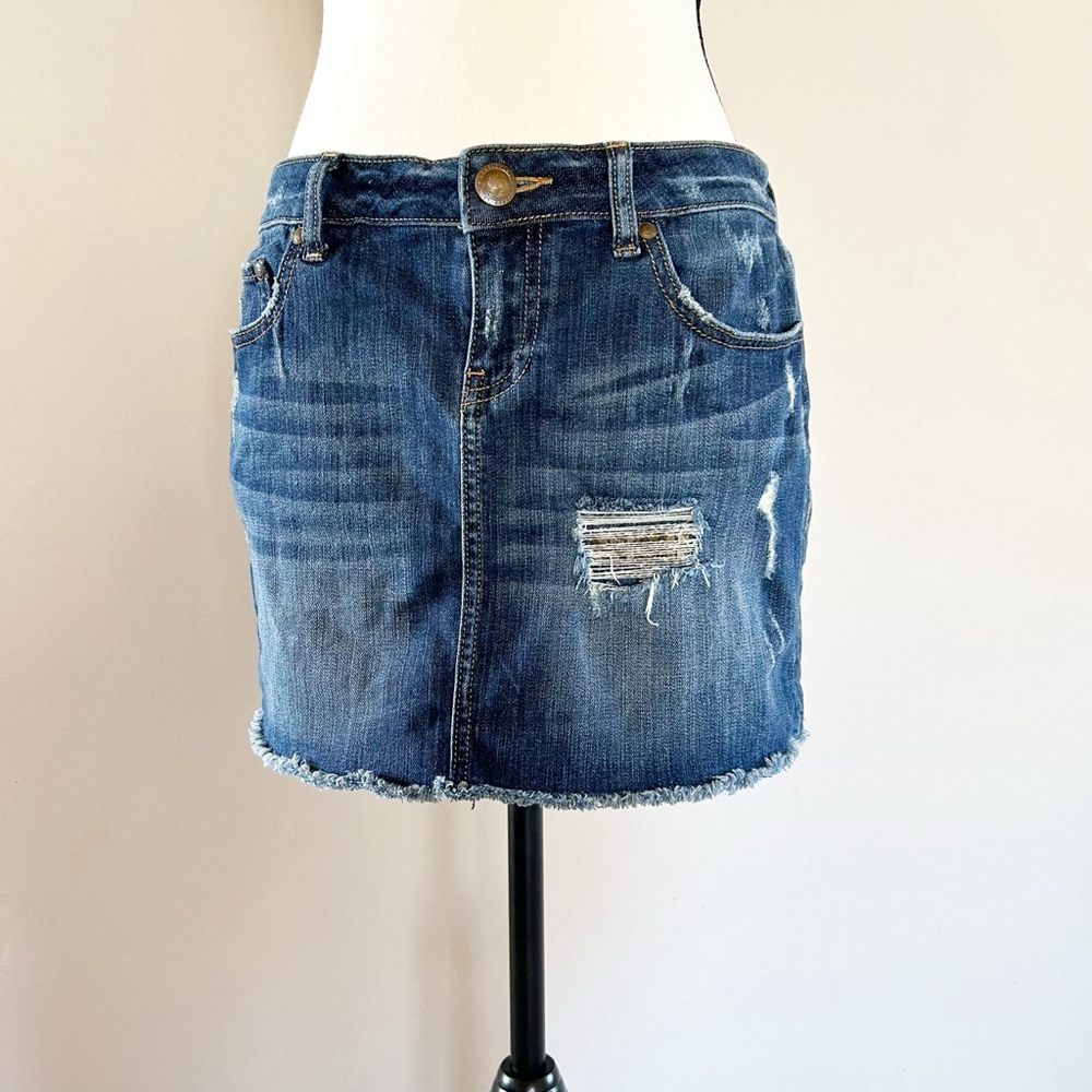 Rustic LC Lauren Conrad Denim Skirt Blue Distressed Studded Fringe Summer